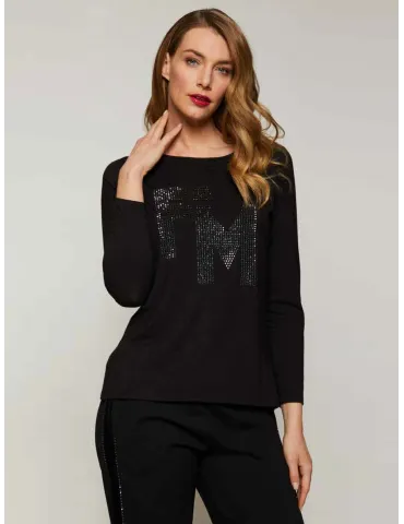 Black t-shirt with shiny rhinestones logo embroidery