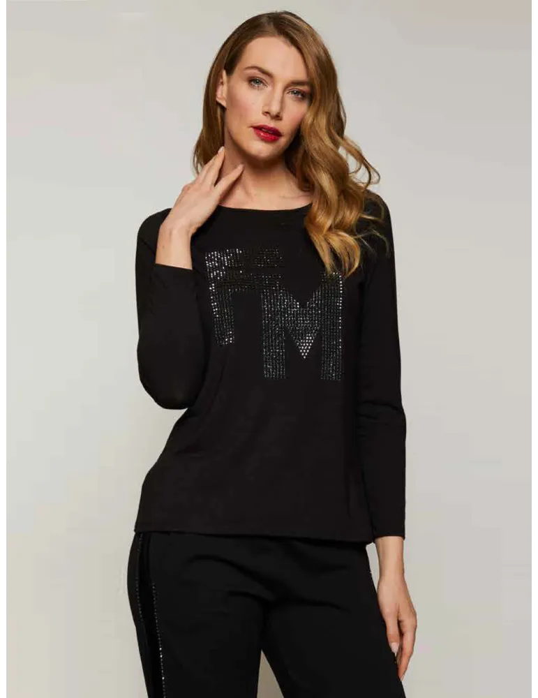 Black t-shirt with shiny rhinestones logo embroidery
