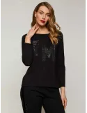 T-shirt nera con ricamo di strass logo Francesca Mercuriali