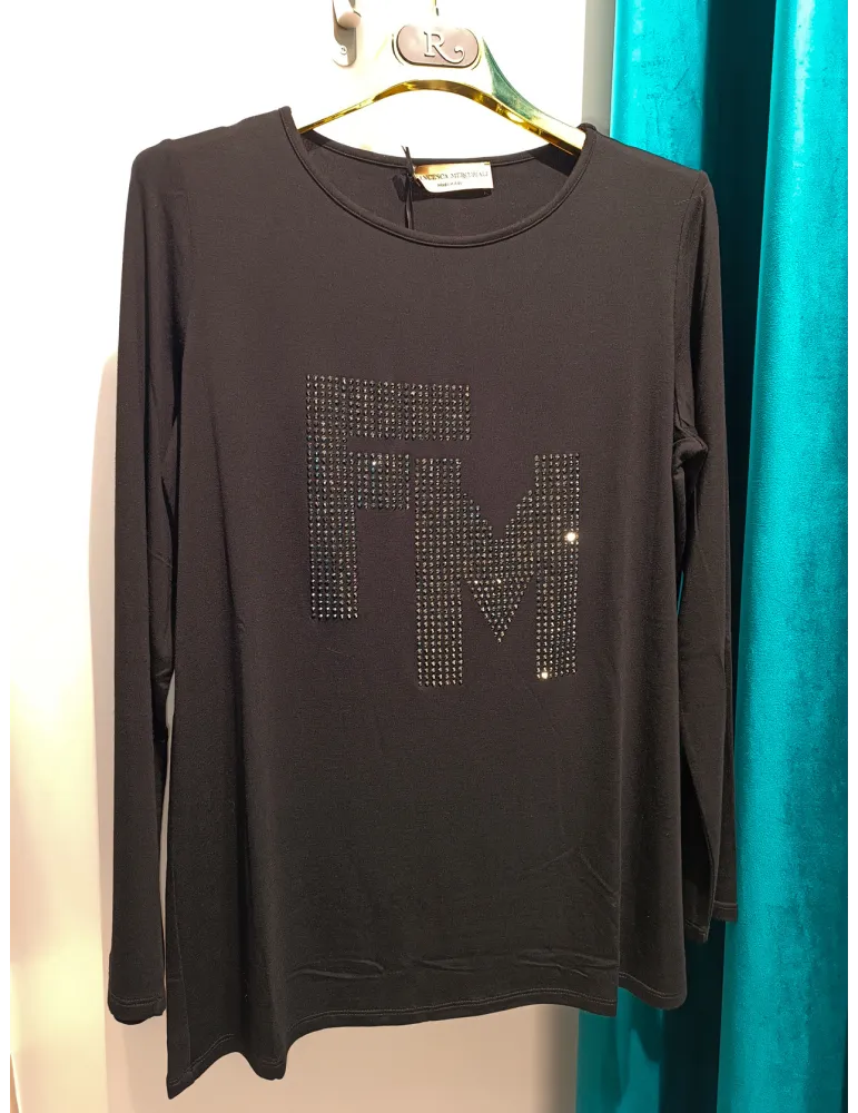 T-shirt nera con ricamo di strass logo Francesca Mercuriali