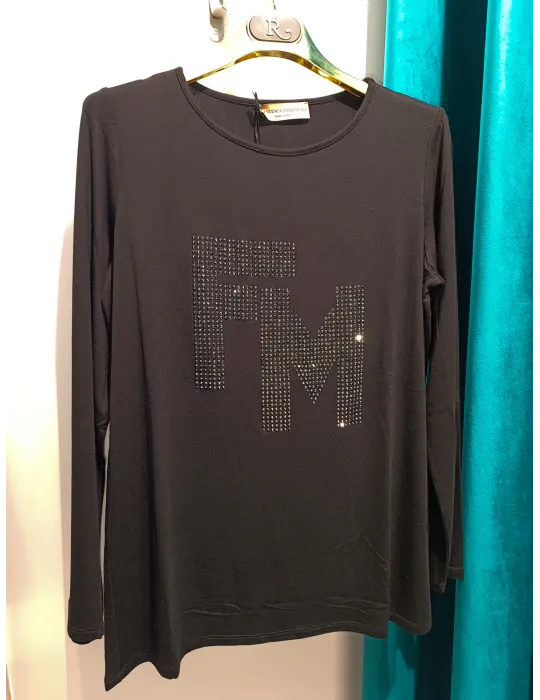 T-shirt nera con ricamo di strass logo Francesca Mercuriali