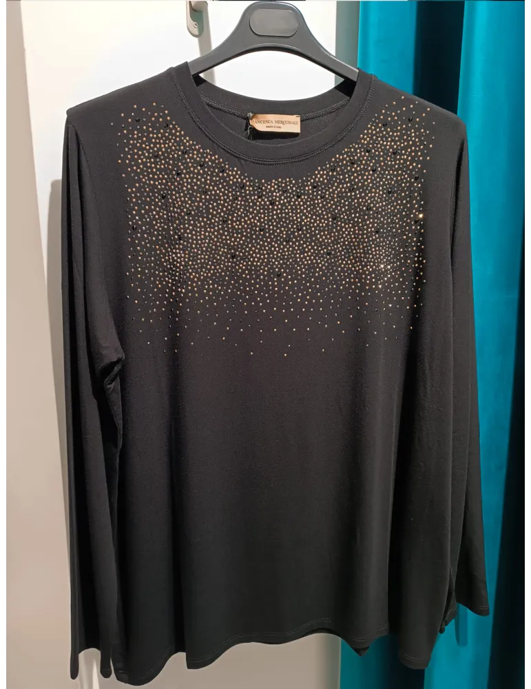 F.sca Mercuriali | T-shirt con ricamo di strass e borchie oro e nero