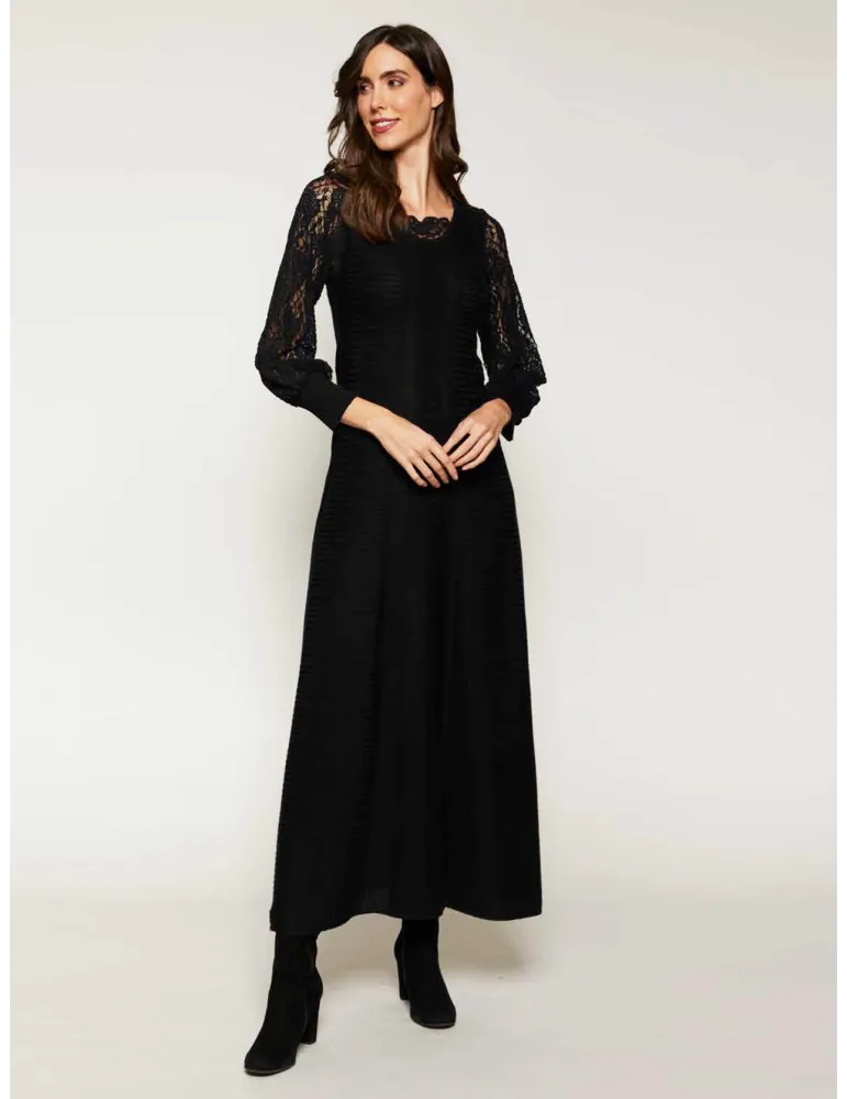 Abito lungo nero in pizzo di pura lana merino Francesca Mercuriali