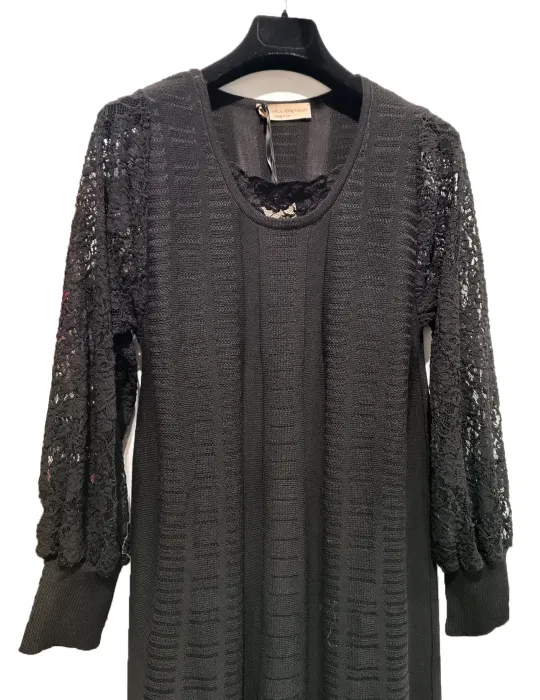 Francesca Mercuriali black merino wool and lace long dress