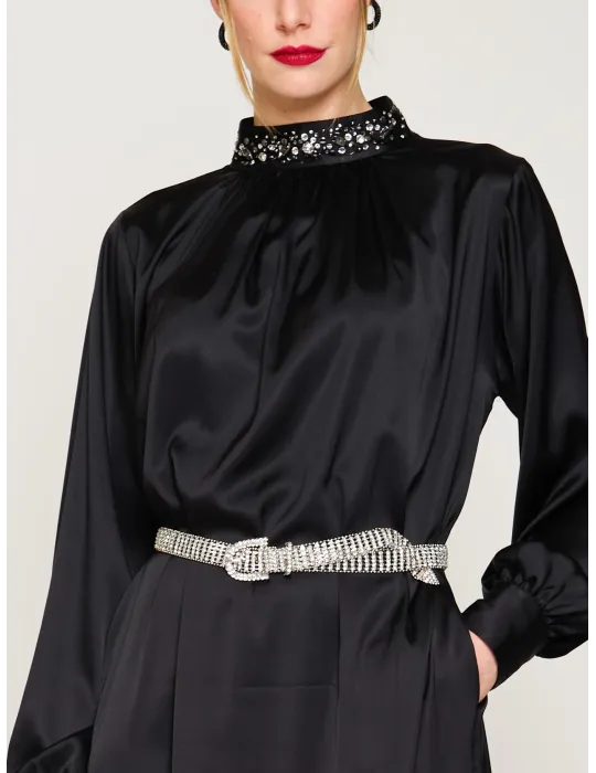 Francesca Mercuriali black silk long dress with rhinestones