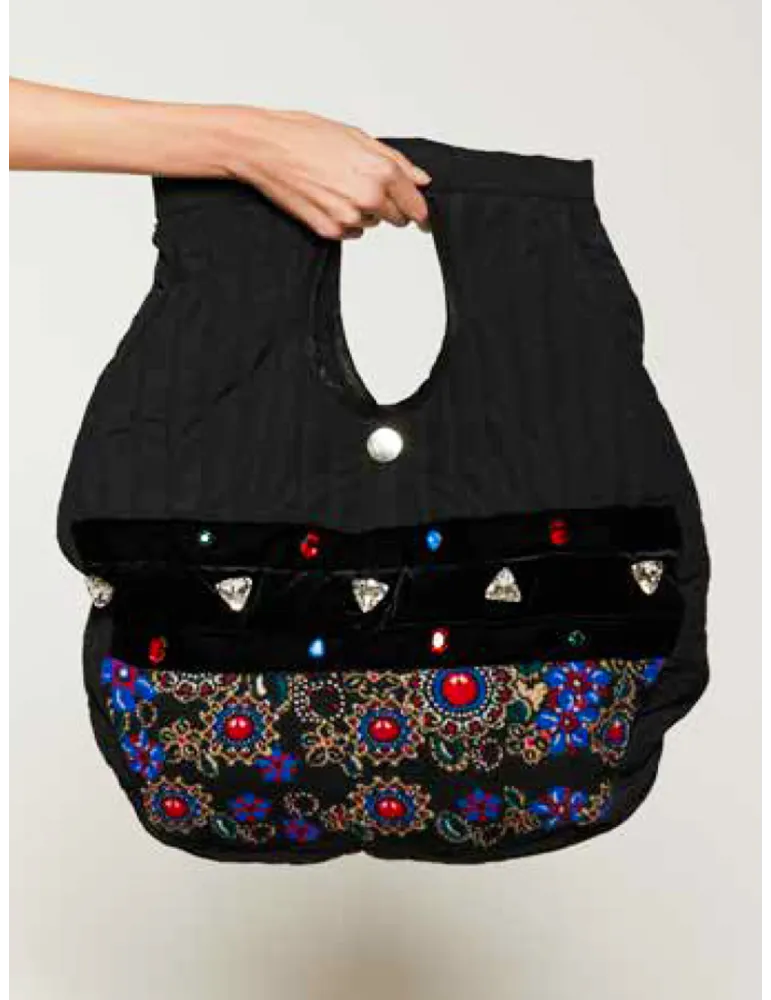 Large Black Quilted Technical Fabric Bag with Velvet and Crystal Details