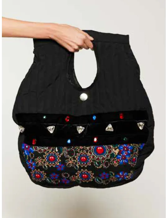 Black velvet and wool large bag with colored crystals