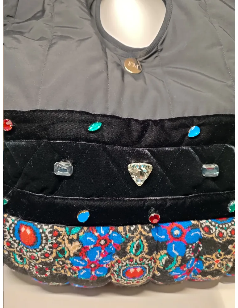 Large Black Quilted Technical Fabric Bag with Velvet and Crystal Details