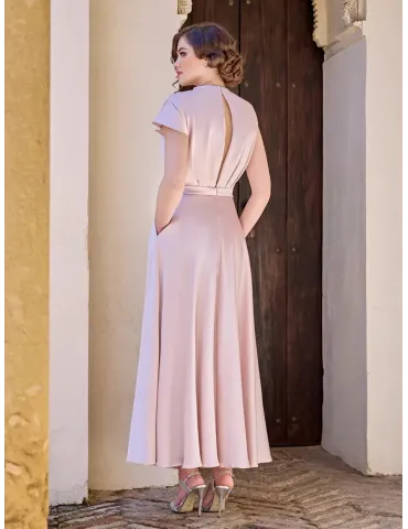 Sonia Pena pink silk midi formal skater dress with belt 2