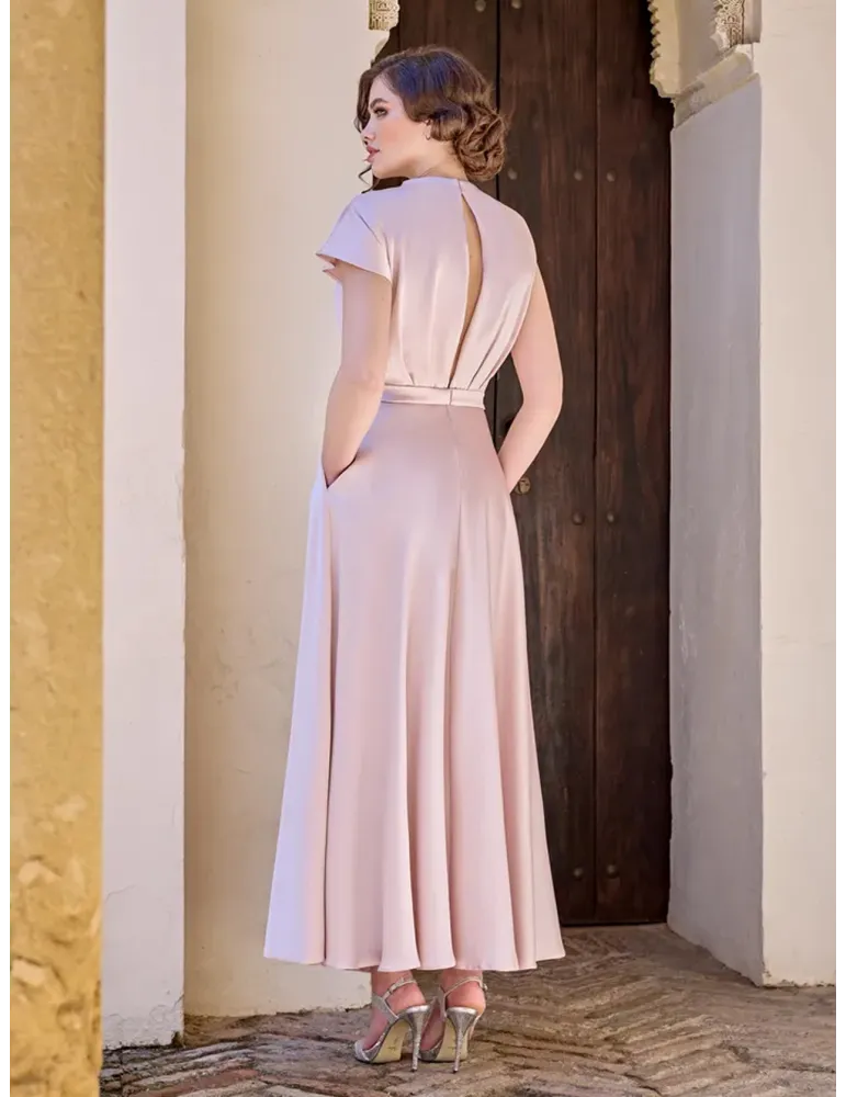 Sonia Pena 1260010 | Abito midi in raso rosa con cintura di strass