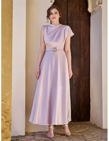 Sonia Pena 1260010 | Abito midi in raso rosa con cintura di strass