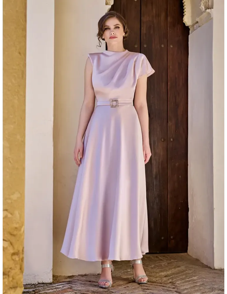 Sonia Pena 1260010 | Pink silk midi formal skater dress with belt