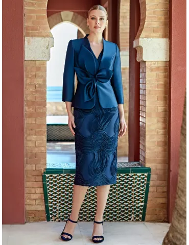 Blue Silk-Blend Mikado Sheath Dress and Tailored Jacket suit