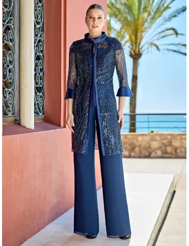Blue Sequins duster Three-Pieces formal trousers set