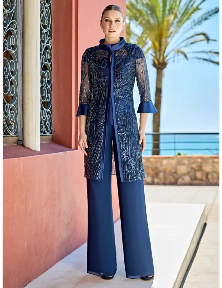 Blue Sequins duster Three-Pieces formal trousers set