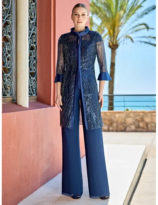 Blue Sequins duster Three-Pieces formal trousers set