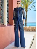 Sonia Pena 12601027 | Completo organza blu con spolverino paillettes