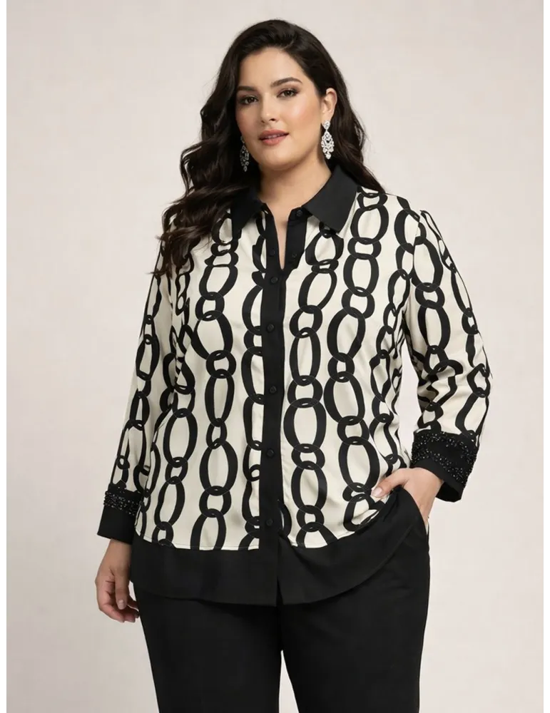 Black and white chain-print silk shirt with rhinestones
