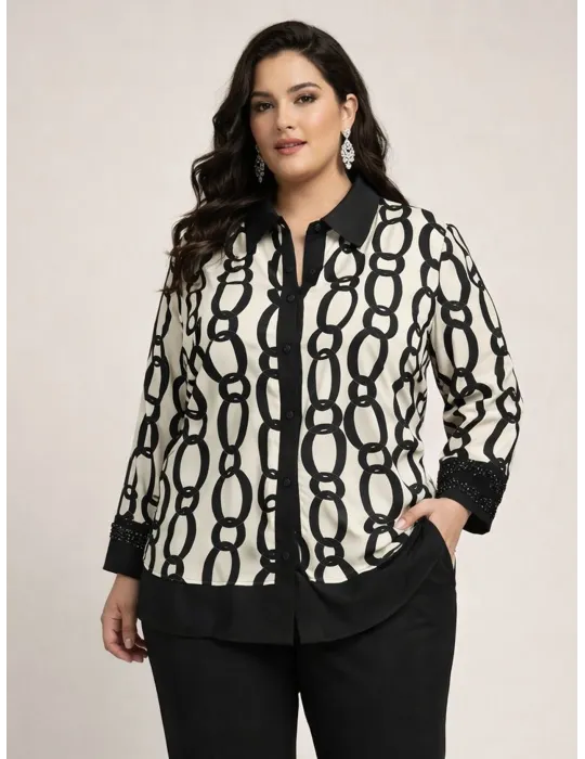 Black and white chain-print silk shirt with rhinestones