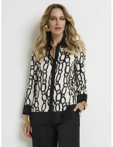 Black and white chain-print silk shirt with rhinestones 2