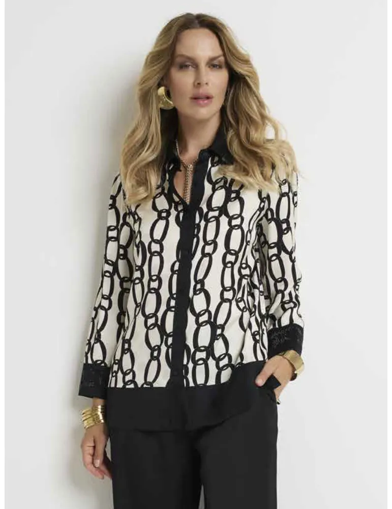Black and white chain-print silk shirt with rhinestones