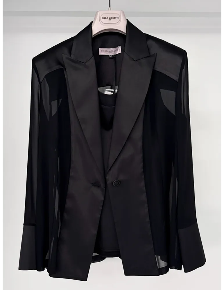 Tailleur cerimonia completo tre pezzi pantaloni in raso lucido nero
