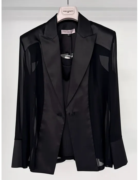 Tailleur cerimonia completo tre pezzi pantaloni in raso lucido nero