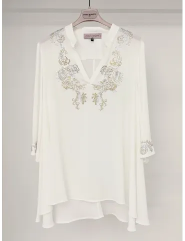 Piero Moretti | Blusa caftano bianco con ricami orientali sull'oro