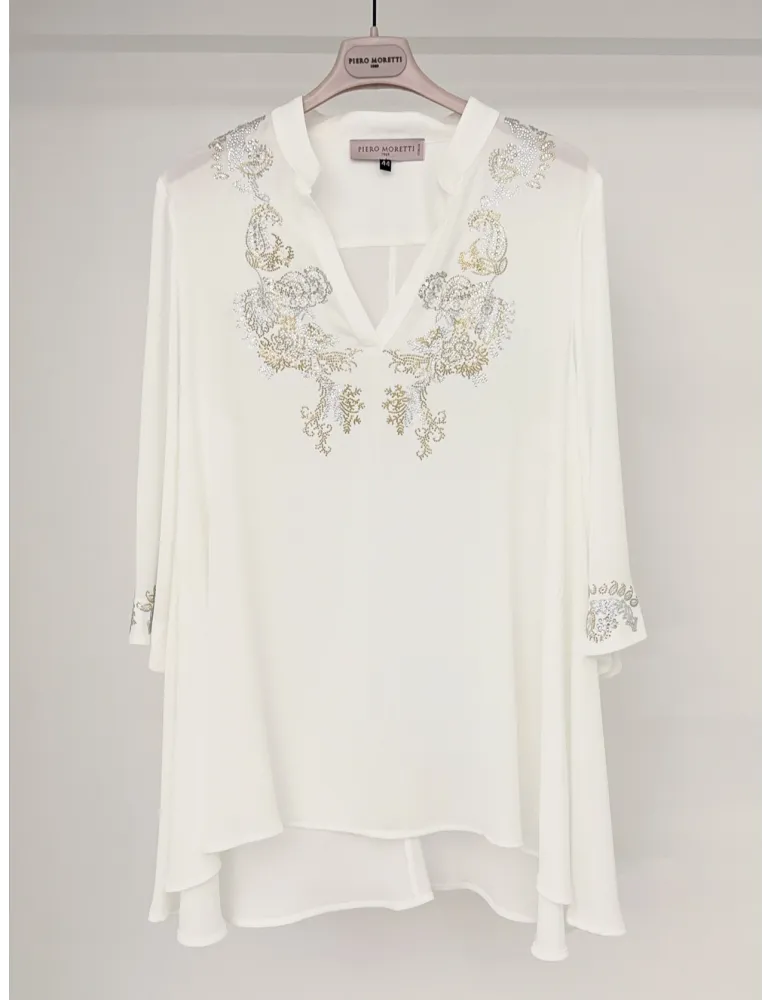 White silk caftan blouse with golden rhinestones embroidery