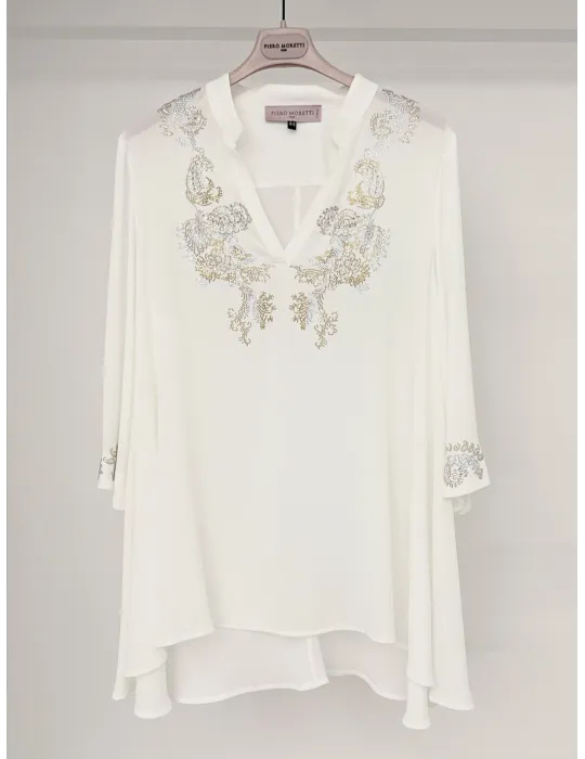 White silk caftan blouse with golden rhinestones embroidery