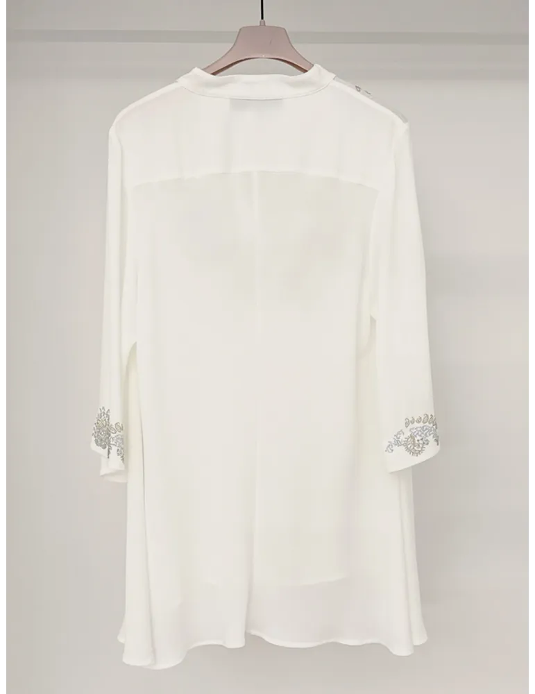 White silk caftan blouse with golden rhinestones embroidery