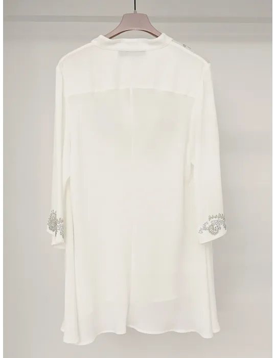 White silk caftan blouse with golden rhinestones embroidery