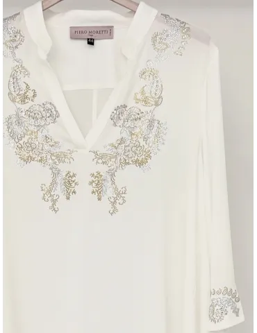 White silk caftan blouse with golden rhinestones embroidery 2