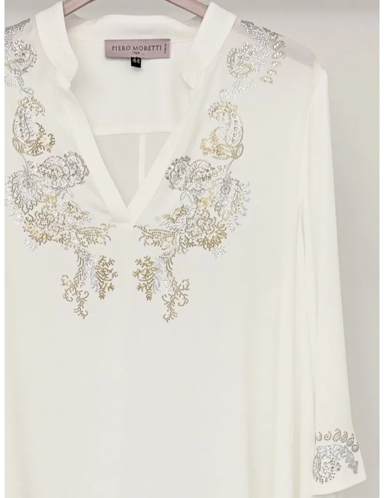 White silk caftan blouse with golden rhinestones embroidery