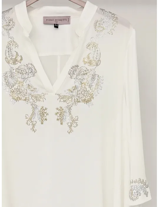 White silk caftan blouse with golden rhinestones embroidery