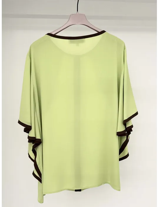 Piero Moretti | Blusa in chiffon verde lime profili marrone fino tg 58