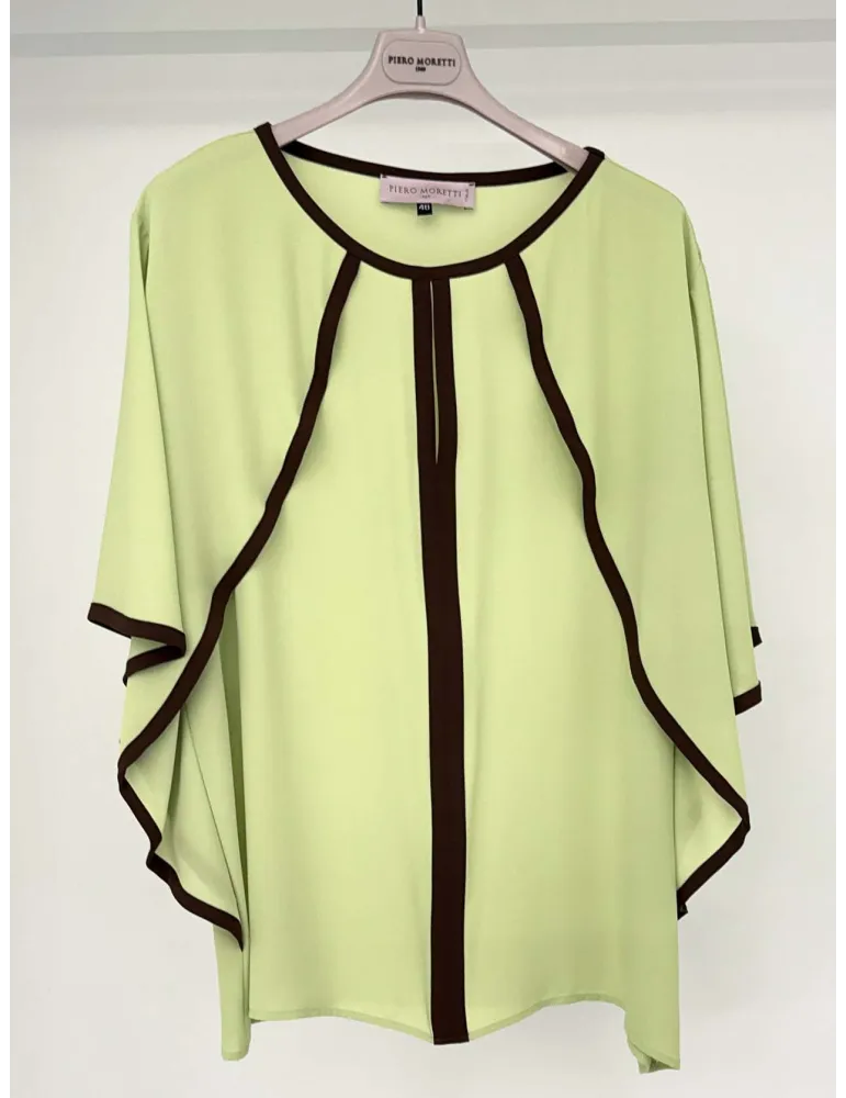 Piero Moretti | Blusa in chiffon verde lime profili marrone fino tg 58