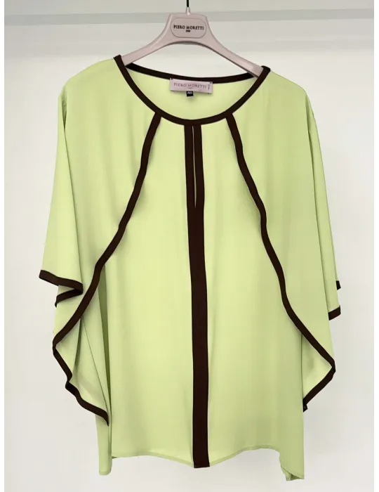 Piero Moretti | Blusa in chiffon verde lime profili marrone fino tg 58