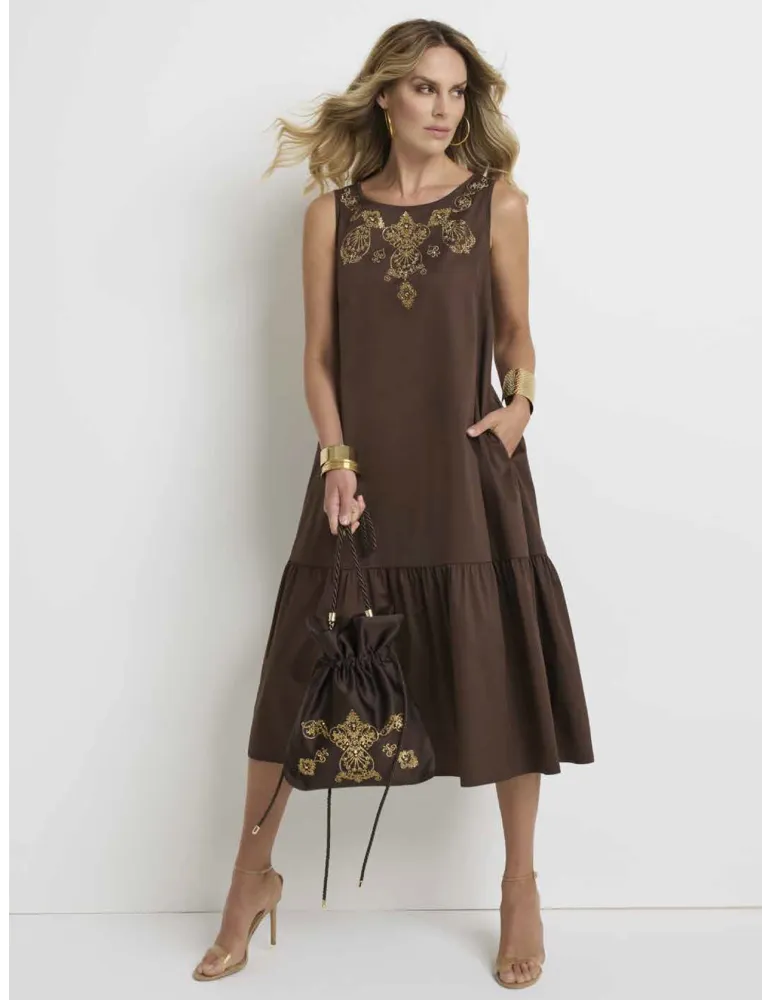 Piero Moretti brown midi cotton dress jewel embroidery | Plus size