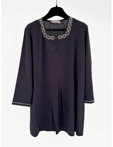 Black Kaftan Tunic with Gold Chain Embroidery of Crystals