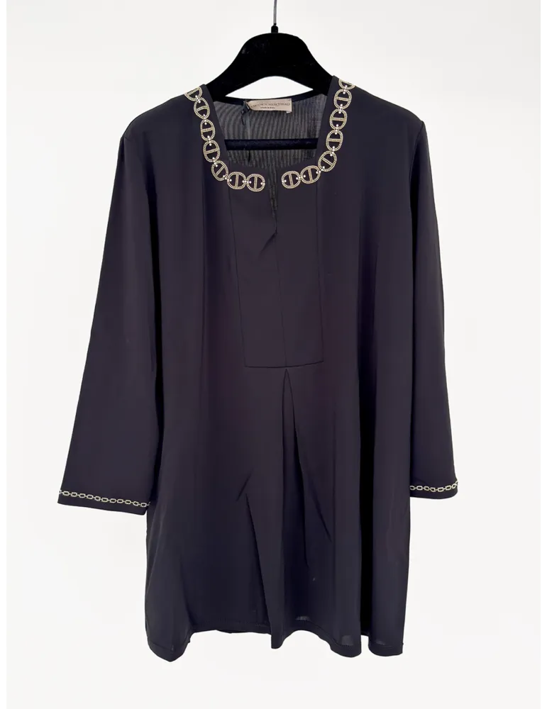 Mercuriali Black Kaftan Tunic with Gold Chain Embroidery of Crystals