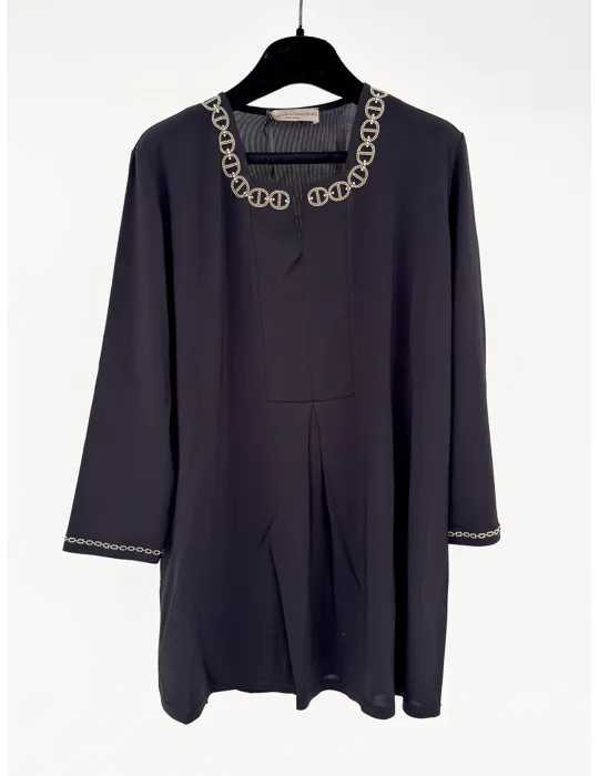 Black Kaftan Tunic with Gold Chain Embroidery of Crystals