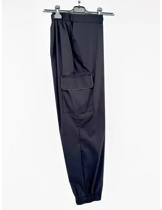 Volpato black cotton silk cargo trousers with embroidery for plus size