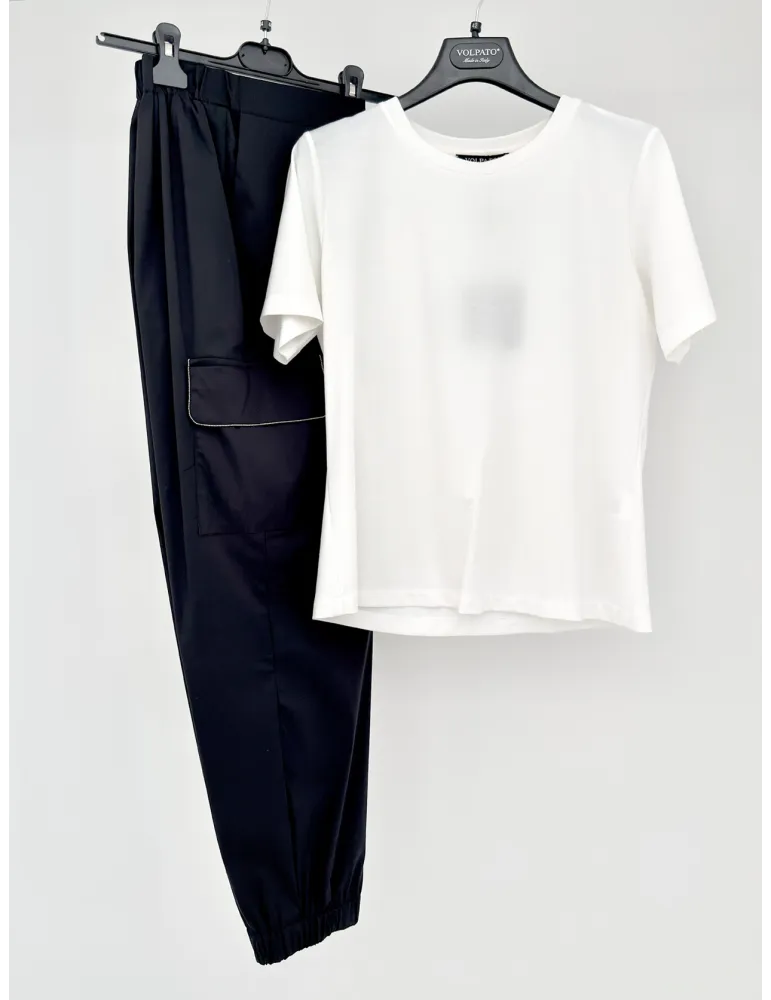 Pantalone cargo cotone e seta nero con ricamo fino alla 58 | Volpato