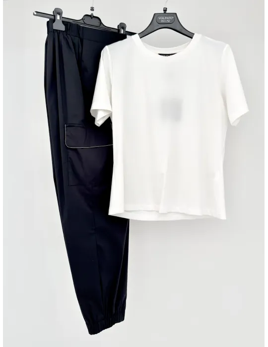 Pantalone cargo cotone e seta nero con ricamo fino alla 58 | Volpato