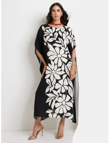 Piero Moretti Black and white silk floral caftan long dress
