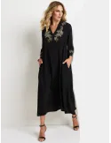 Black silk caftan dress with golden rhinestones embroidery