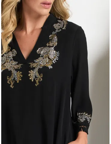 Black silk caftan dress with golden rhinestones embroidery 2