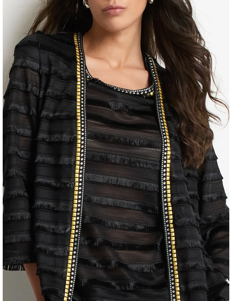 Piero Moretti | Twinset nero con borchie strass e frange fino alla 56