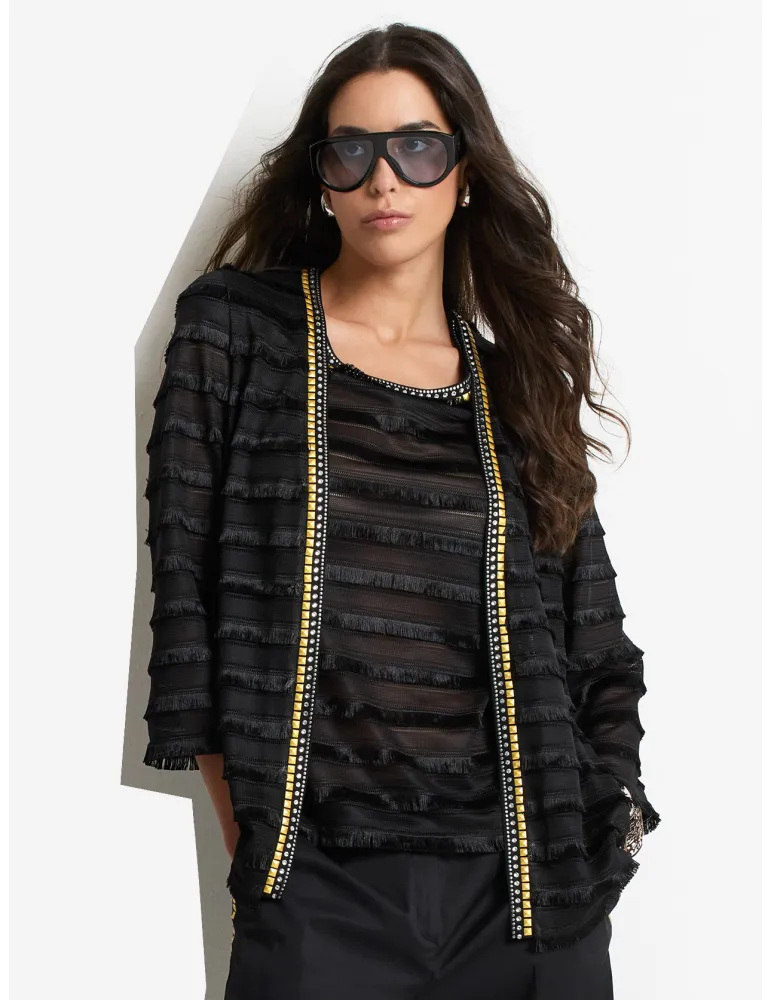 Piero Moretti | Twinset nero con borchie strass e frange fino alla 56